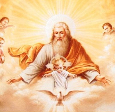 A imagem mostra a Santissima Trindade, Pai, Filho e Espírito Santo